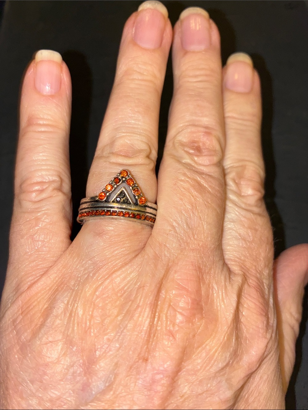 Sterling-Tone Silver Chevron Stretch Ring with Orange Gemstones